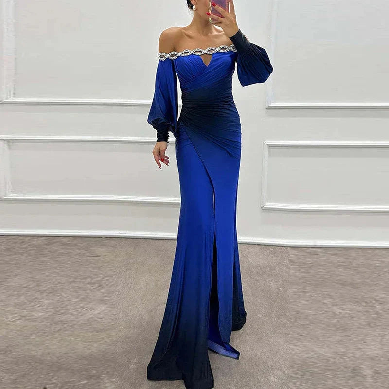 Fashion Patchwork High Waist Dress Casual Contrasting Color Pleated Slim Long Dress New Off Shoulder Lantern Sleeve Party Dress