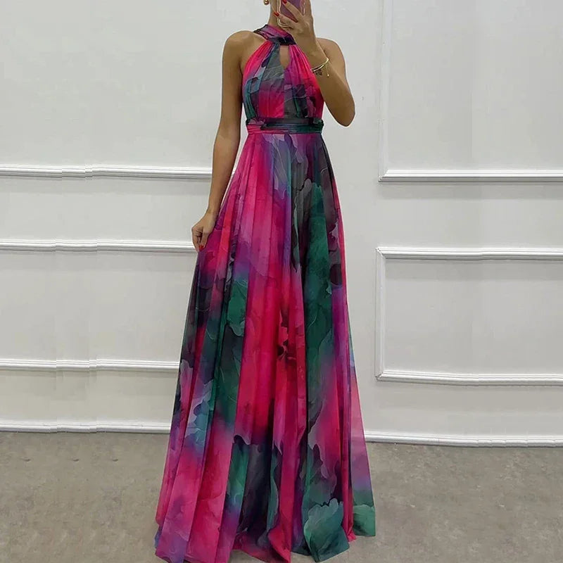 New Sexy Halter Hollow Out Women's Long Dress Casual High Waist Bohemian Dresses Vintage Pattern Printed Sleeveless Party Dress