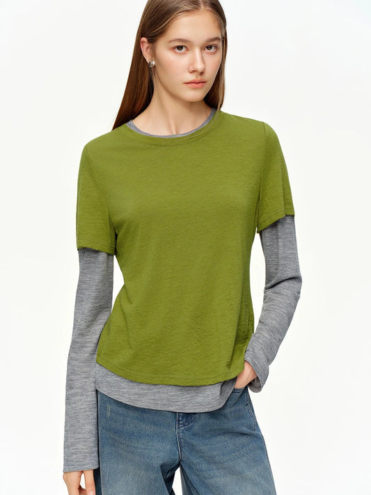 Women's Knit Top Green & Gray Layered Two-Piece Knit