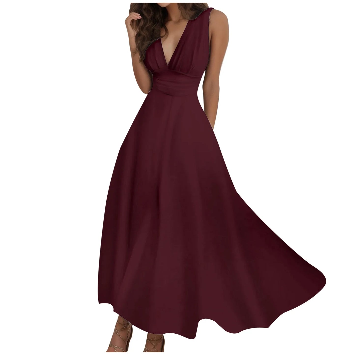 V-Neck Sundress - Sleeveless Long Dress with Side Zipper