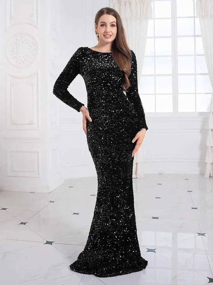 Kisscc Royal Blue Stretch Sequin Floor Length Evening Night Dress Full Sleeve Bodycon Black Mermaid Party Dress