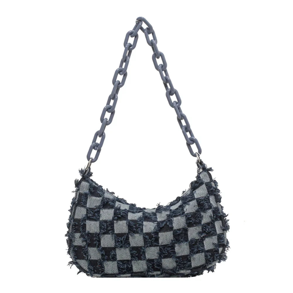 Vintage Women's Casual Shoulder & Underarm Bag | Plaid Pattern Denim Small Purse (Ladies Chain Leisure Handbag, Hobo Style)