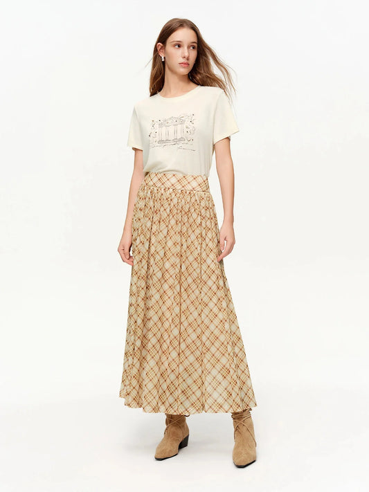 Brown Midi Skirt Retro Plaid Mesh