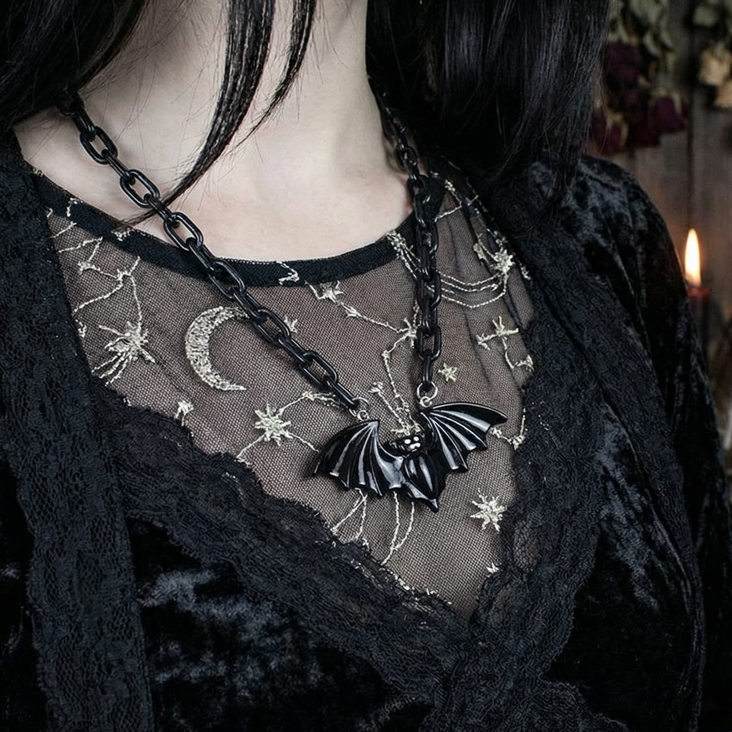 Sourpuss Smiling Vampire Bat Necklace | Chunky Chain Gothic Bat Pendant with Fang Grin