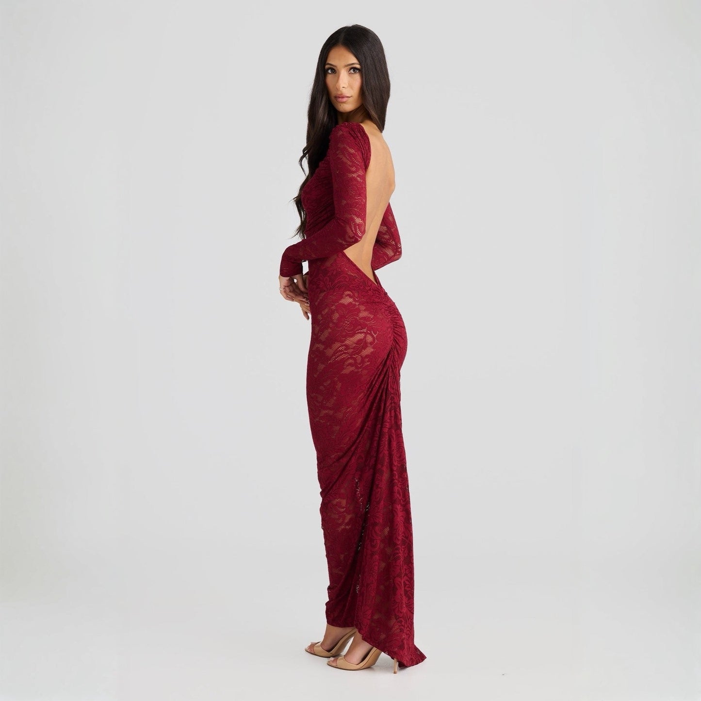 Stella Lace Backless Sculpting Ruched Burgundy Maxi Dress