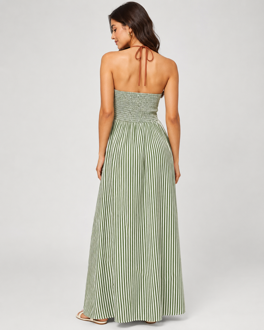 Striped Halter Maxi Dress - Deep V-Neck Backless Summer Vacation Beach Sundress