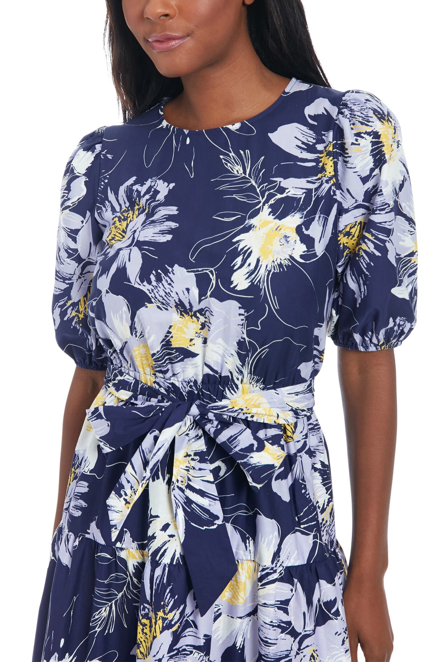 London Times Pip Printed Jewel Neckline Puff Sleeves Waist Tie Tiered Skirt Midi Dress