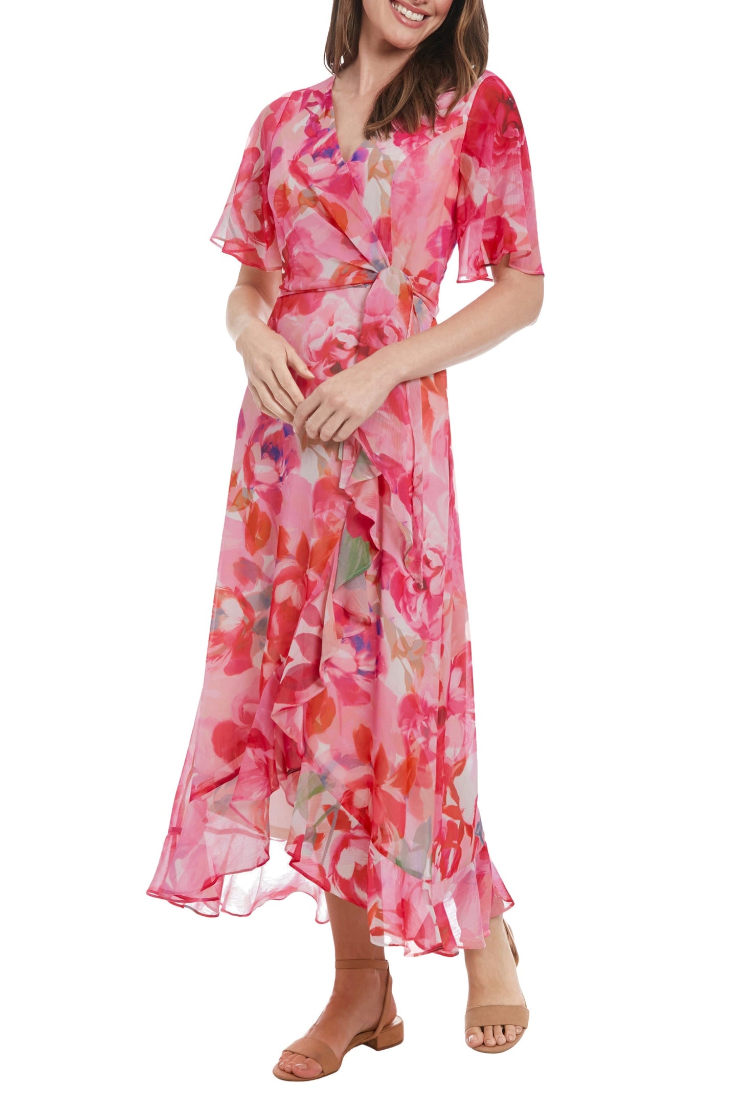 London Times Floral Print Surplice V-Neck Short Sleeves Ruffled High-Low Hem Faux-Wrap Silhouette Chiffon Maxi Dress