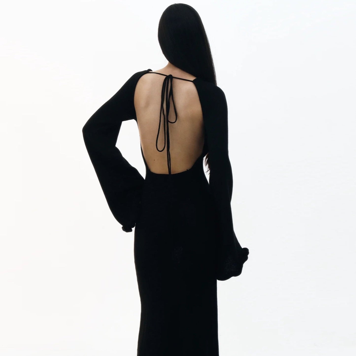 Vanilla Kiss Black Cloud-Knit Open Back Maxi Dress