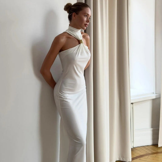 Alessandra Gold Ring Halter Neck White Maxi Dress