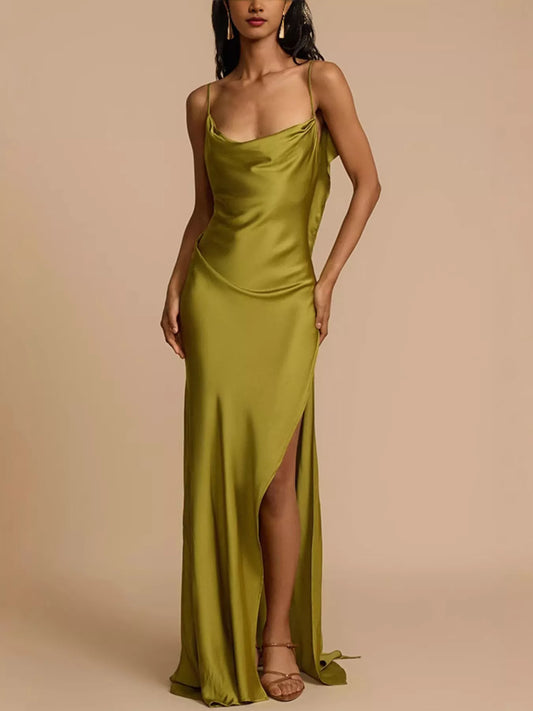 Satin Cowl Neck Slit Maxi Dress