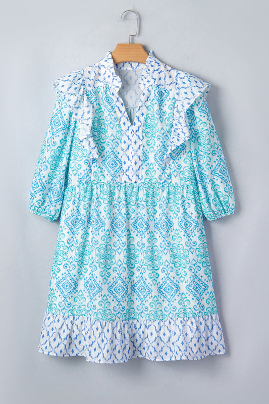 Boho Geometric Patchwork Ruffle Puff Sleeve Dress