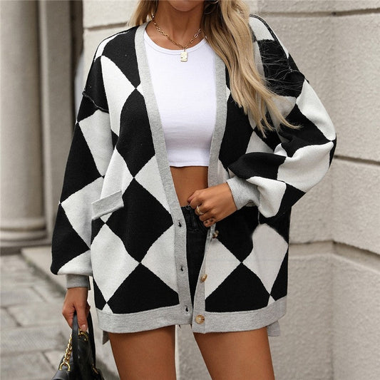 Long Sleeve V-Neck Buttoned Contrast Color Rhombic Knitted Cardigan