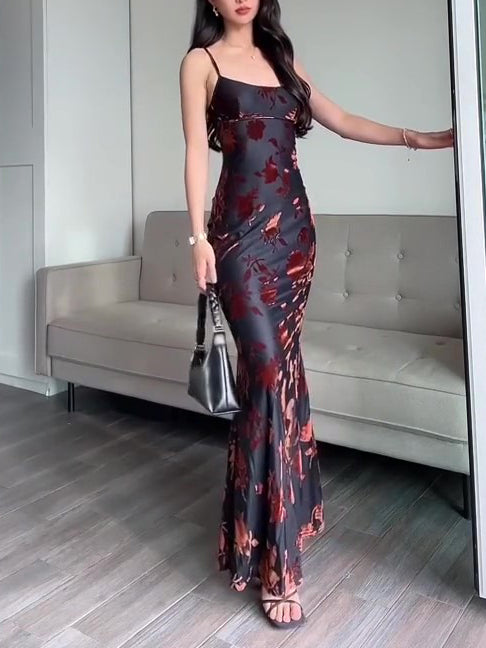 Flocked Strappy Maxi Dress See size chart under “more details”