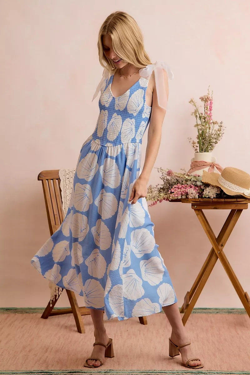 SO ME Shell Smocked Bodice Shoulder Tie Lined Midi Dress