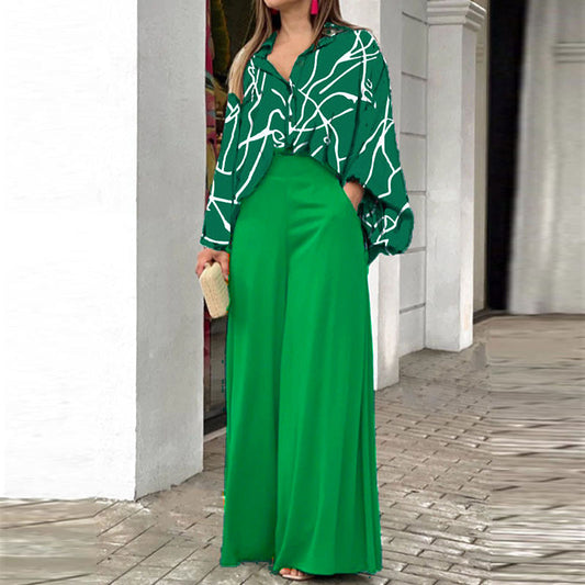 Women's Printed Shirt Wide Leg Pants Fashion Casual Set See size chart under “more details”