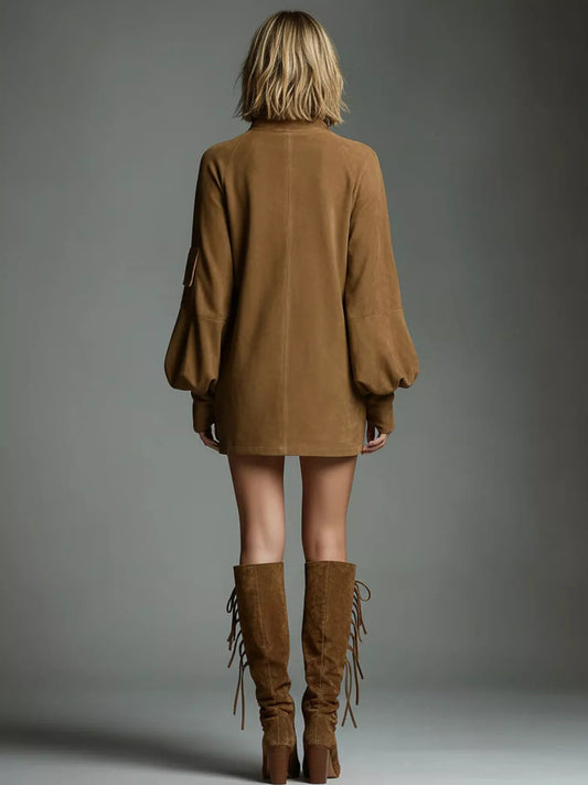 Suede Turtleneck Lantern Sleeve Mini Dress