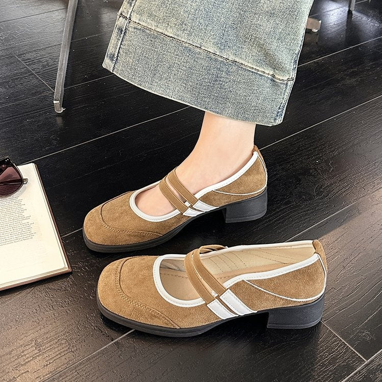 Women's Retro Color-Block Mary Jane Flats – Double-Strap Chunky Heel Peep-Toe Casual Shoes