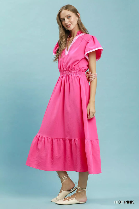 Umgee Contrast Trim Midi Dress with Tiered Ruffle Hem