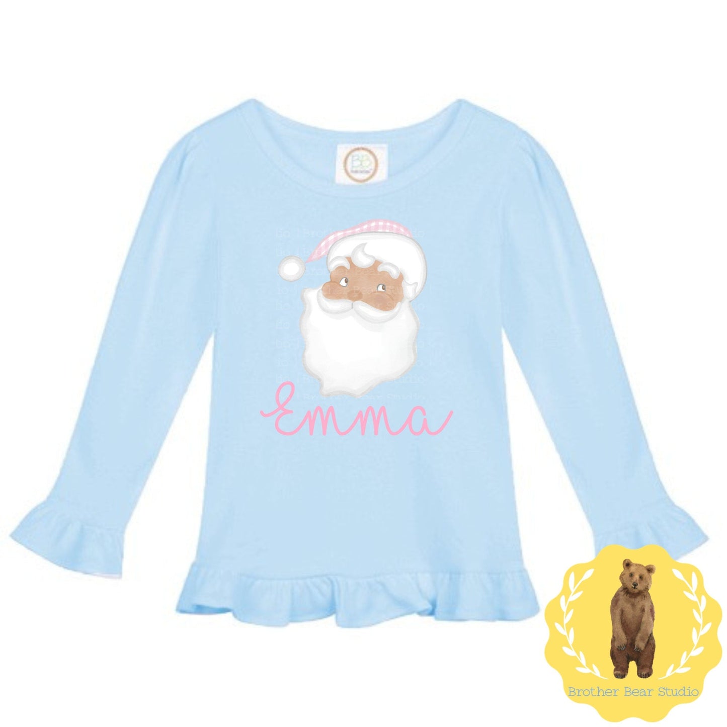 Pink Hat Santa Ruffle Tee Shirt | Girls | Short Sleeve | Holiday | Long Sleeve |