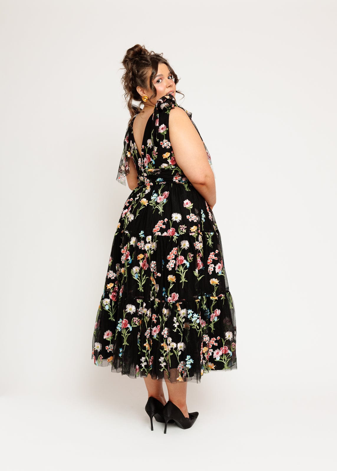 Margaret Floral Embroidered Midi Dress Black