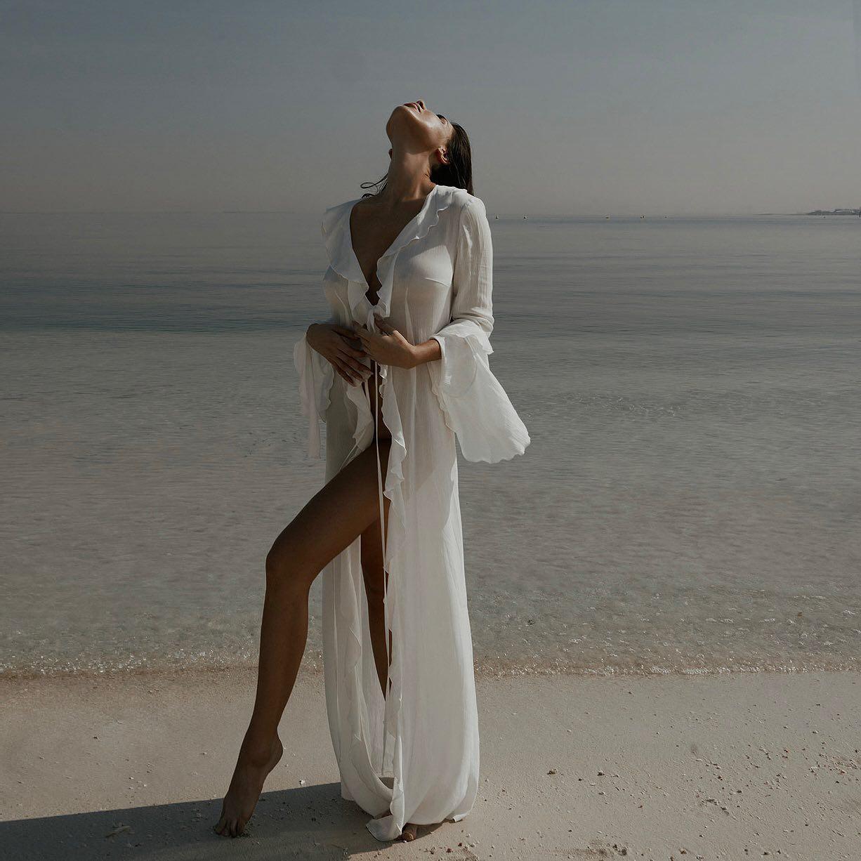 Liliana Ruffle Long Sleeve Beach White Maxi Dress
