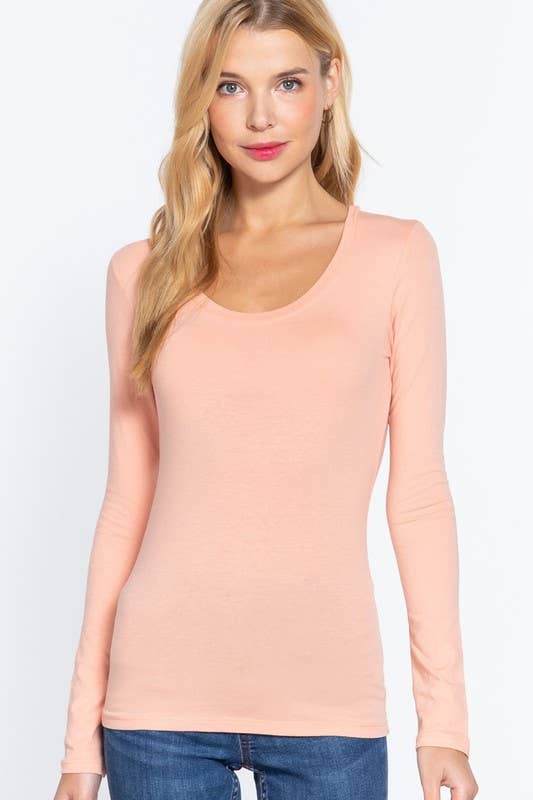 Active Basic Long Sleeve Scoop Neck Western Basics Top — Cotton Layering Staple (Truffle or Petal Pink)