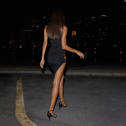 Madeline Cutout Asymmetric Black Midi Dress