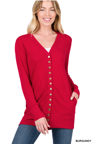 Snap Cardigan Full Sleeve With Pockets - Burgundy
