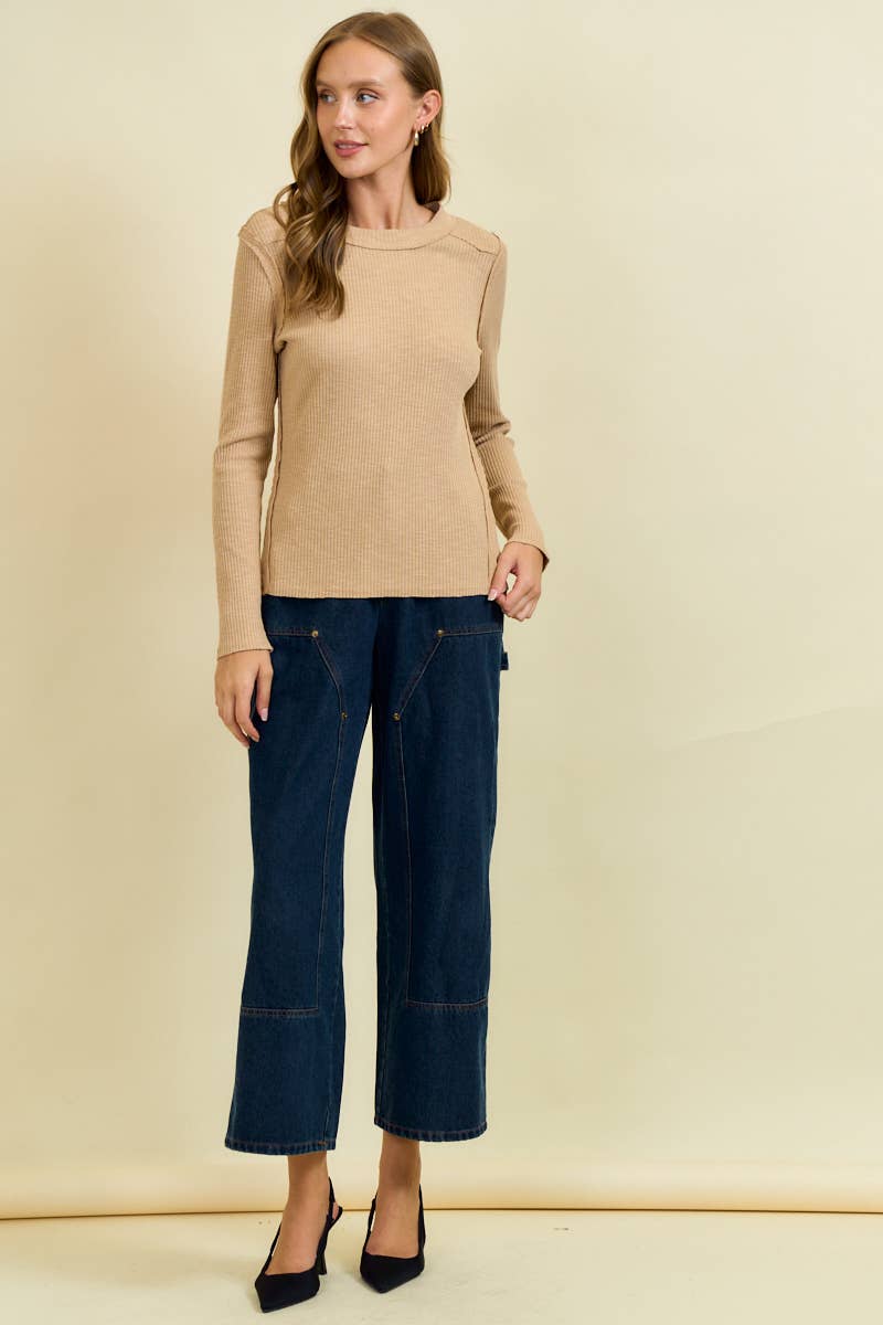 Doe and Rae Western Yoke Ribbed Long-Sleeve Tee — Cinnamon or Acorn Stretch Knit with Exposed Seams