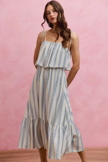 Stripe Tiered Shoulder Tie Midi Lined Dress