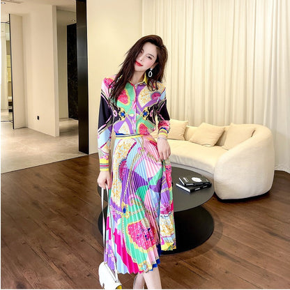 Printed Blouse Top Pleated Half Skirt Two Piece Set See size chart under “more details”