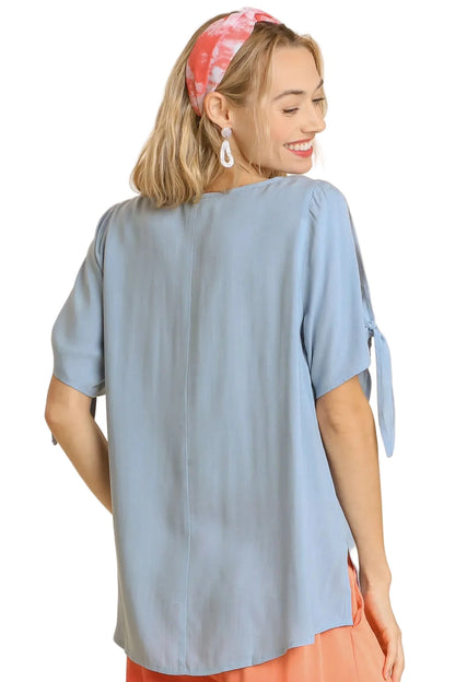 Womens Casual Blouse Elegant Tie Sleeve Top Minimalist Chic Office Professional Dusty Blue Loose Fit