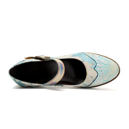 Lady's Heels Handmade Shoes Wedding Party Elegant Vintage Leather Buckle Light Blue Pumps