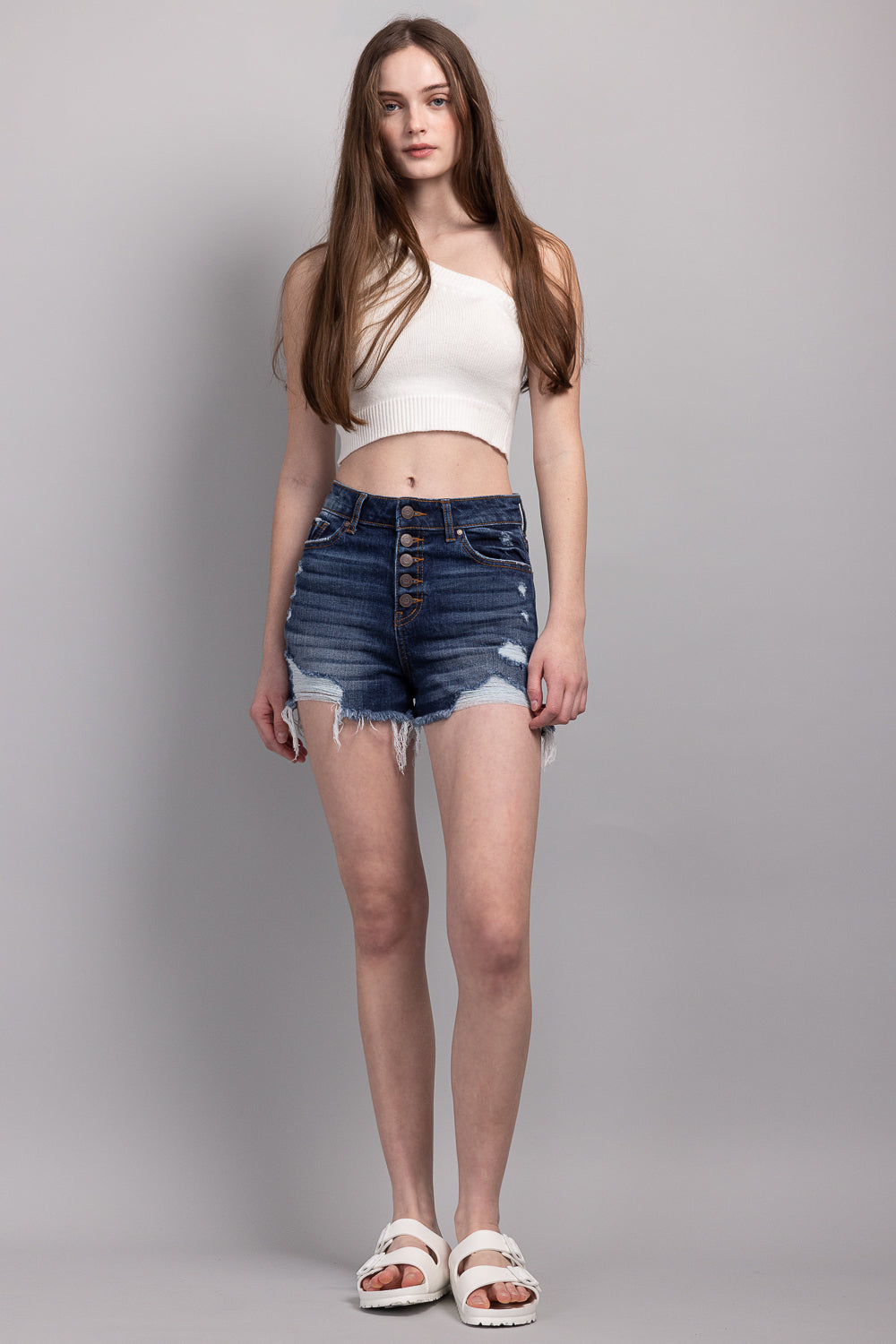 High Rise 5 Button Destructed Denim Shorts