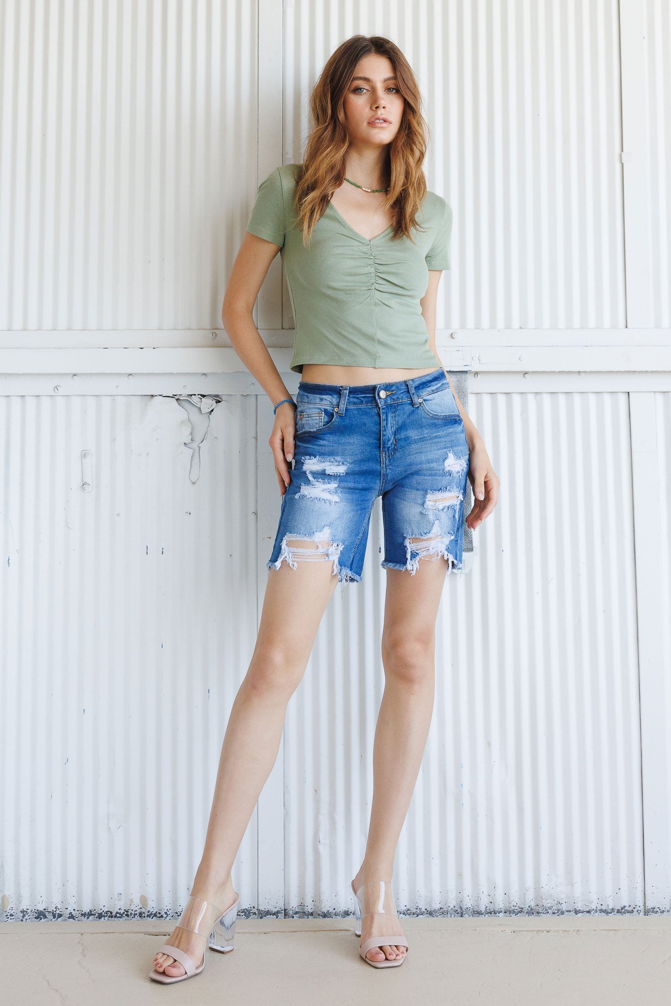 High Rise Destructed Bermuda Denim Shorts