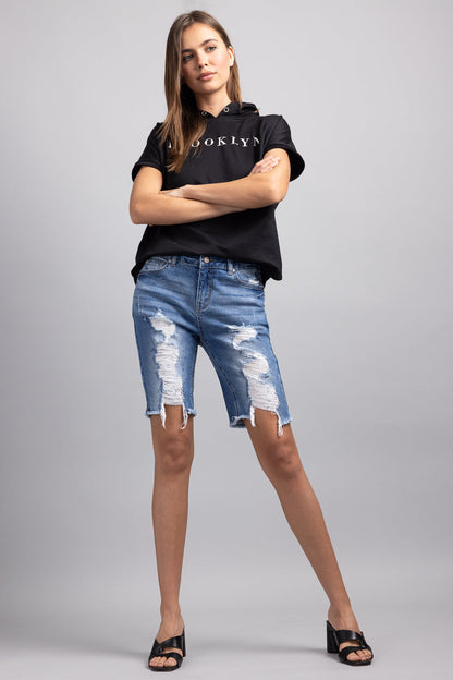 Mid Rise Heavy Destructed Bermuda Denim Shorts