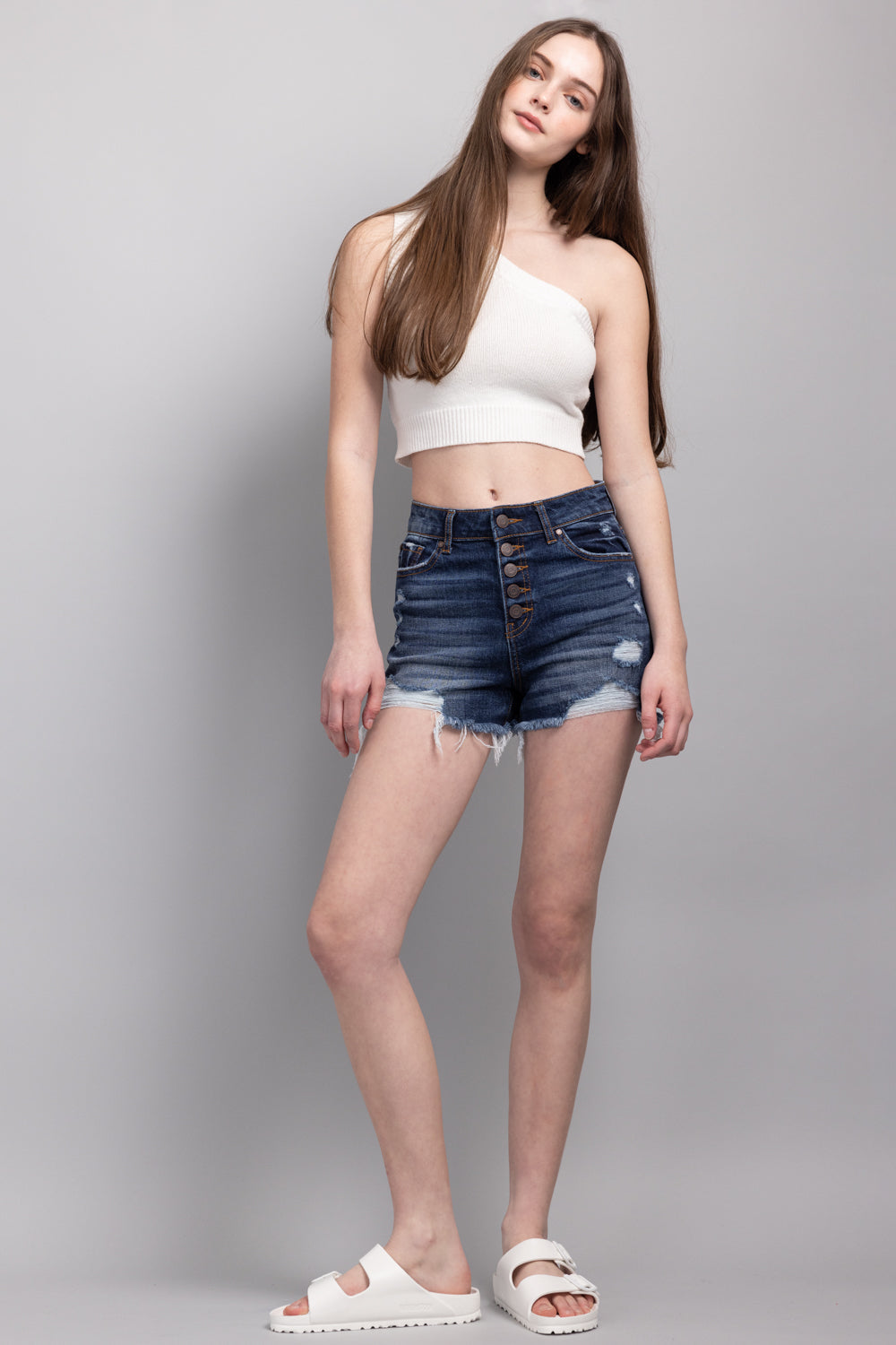 High Rise 5 Button Destructed Denim Shorts