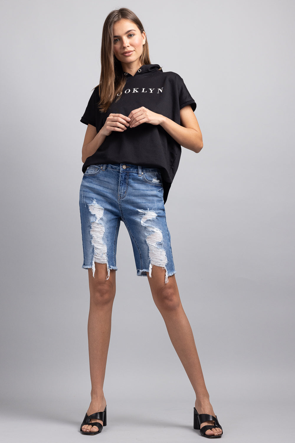 Mid Rise Heavy Destructed Bermuda Denim Shorts
