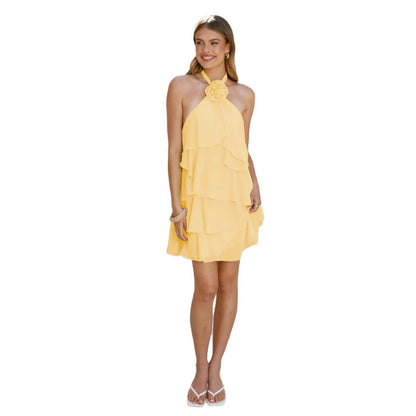Neck-hanging 3D Floral-decorated Layered Ruffle Dress