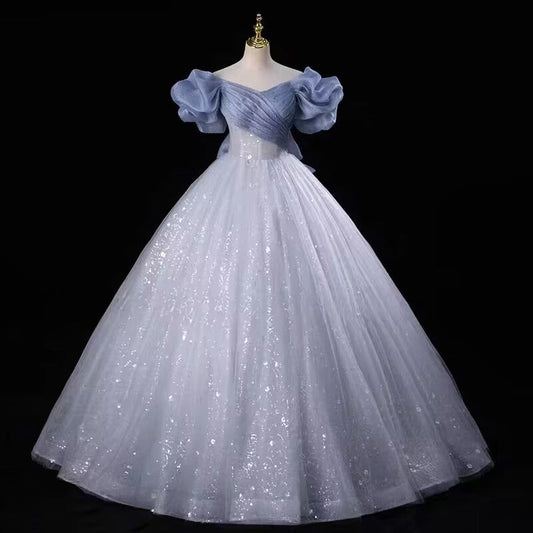 Silver grey sparkle lace tulle prom dress evening gown
