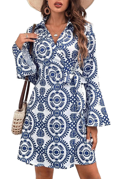 Blue Floral Print V-Neck Knot Long Sleeve Midi Dress