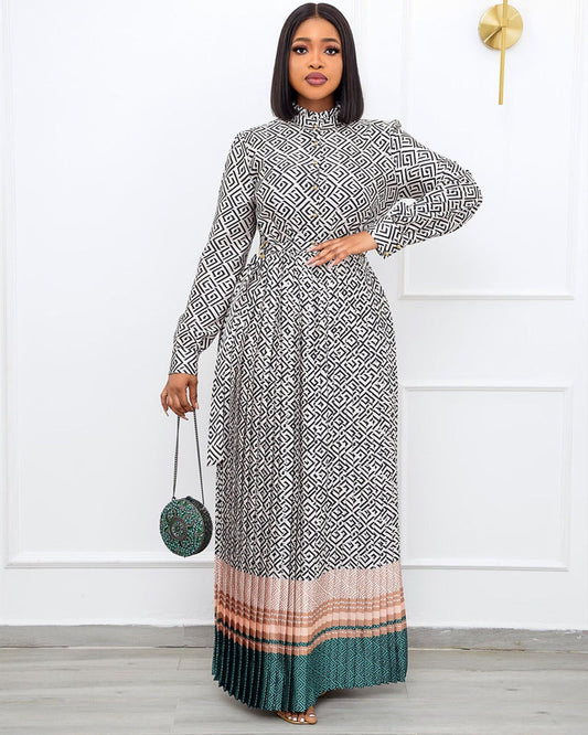 Spring New Round Neck Plus Size Printed Mid Waist Plus Size Long Pleated Dress