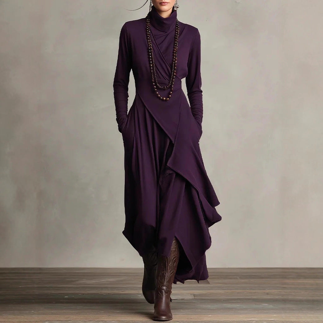 Women's Solid Color Cross-sleeve High-neck Dress