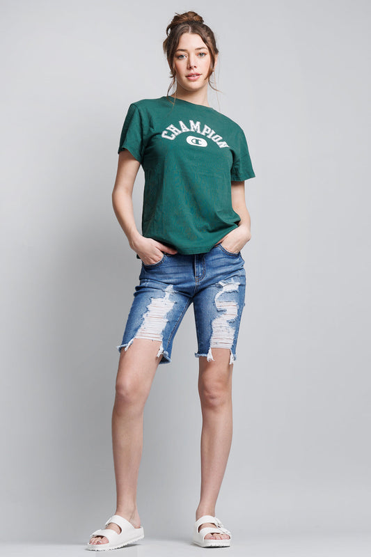 Mid Rise Heavy Destructed Bermuda Denim Shorts