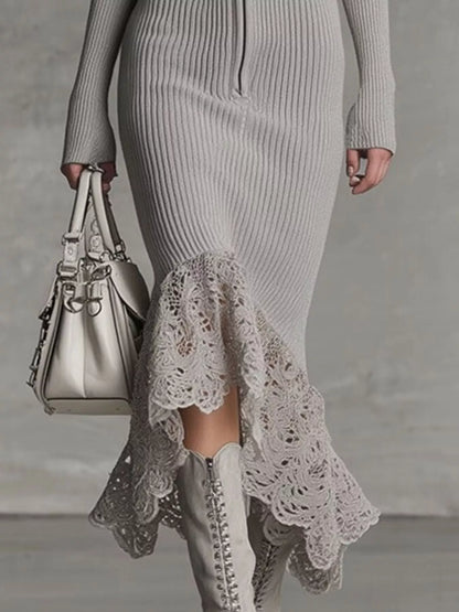Hooded Ribbed Knit Lace Hem Midi Dress