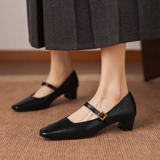 Mid-Heel Pumps - Full-Grain Leather Women's Classic Slip-On Court Shoes