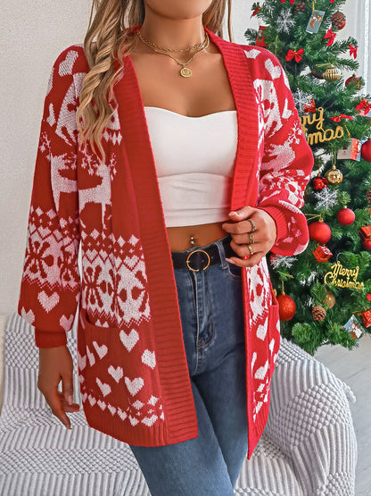 Women Pocketed Open Front Long Sleeve Cardigan