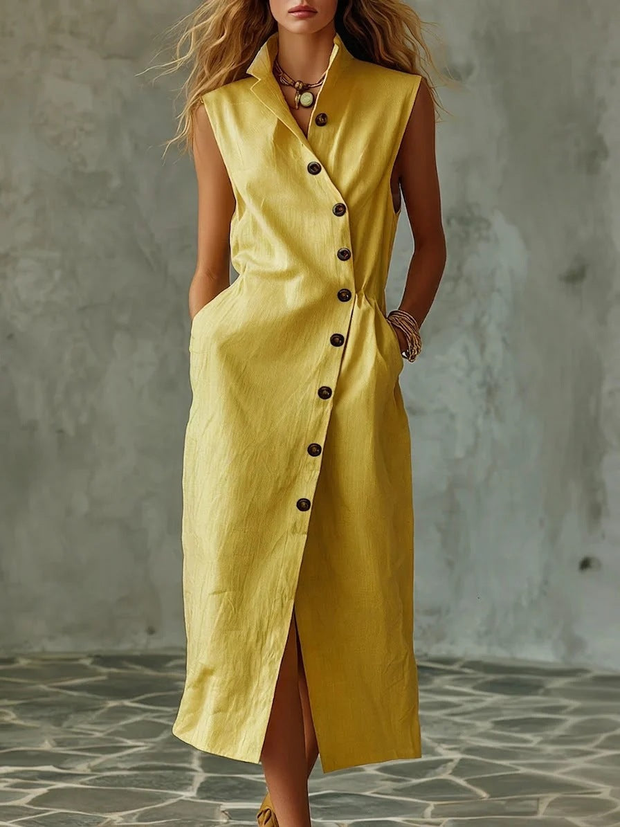 Women's Slim-Fit Sleeveless Stand Collar Pleated Midi Dress