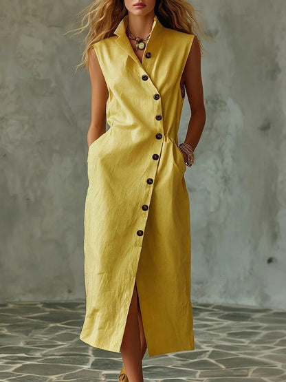 Women's Slim-Fit Sleeveless Stand Collar Pleated Midi Dress